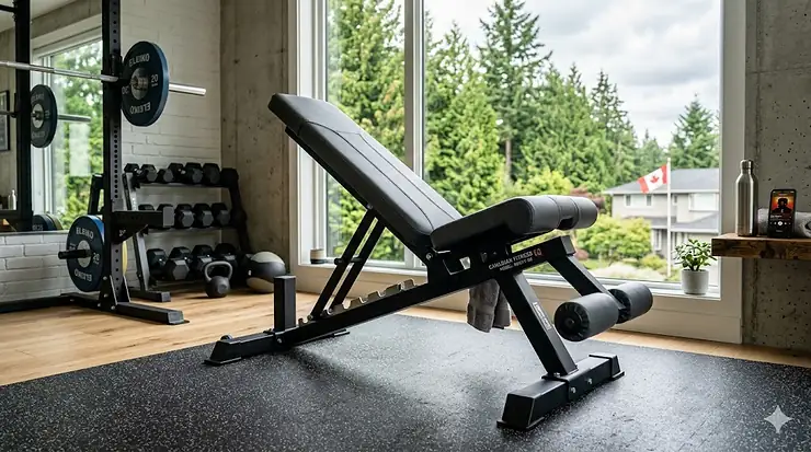 Premium adjustable ab bench in a modern Canadian home gym with natural light, perfect for core strength training and decline workouts. / Banc d'abdominaux réglable haut de gamme.