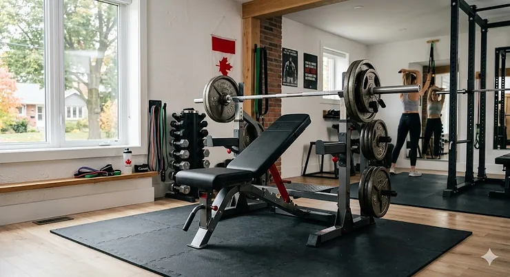 A premium adjustable weight bench and barbell set in a modern Canadian home gym setting, featuring high-quality steel construction for versatile strength training.