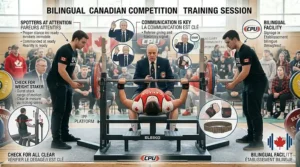 Illustration of Canadian athletes training together on a competition bench press at a bilingual athletic centre.