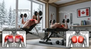 Comparative anatomy chart showing muscle activation differences between flat and incline bench positions.