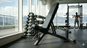 High-density tear-resistant foam padding on a professional weight bench. Rembourrage haute densité pour banc de musculation commercial.