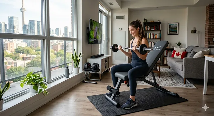 A space-saving compact weight bench set up in a modern Canadian condo living room.