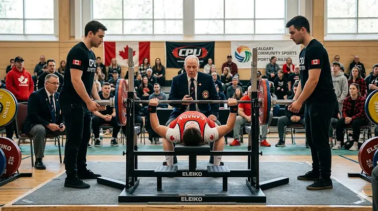A photorealistic wide shot of a female athlete performing a competition bench press at a Canadian Powerlifting Union meet in Calgary, flanked by spotters and a head referee.