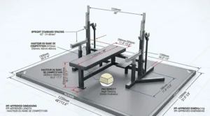 Technical blueprint illustration showing the official IPF-approved dimensions of a competition bench press for Canadian athletes.