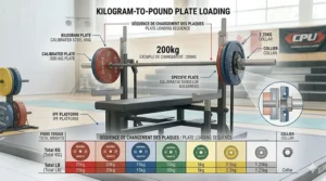 Colour-coded kilogram weight plate loading chart for a competition bench press barbell, tailored for Canadian powerlifters.