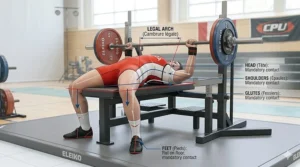 Line-art illustration demonstrating legal body positioning, including head, glutes, and feet placement for a competition bench press.