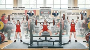 Infographic guide detailing the sequence of referee commands—Start, Press, and Rack—for a competition bench press in Canada.