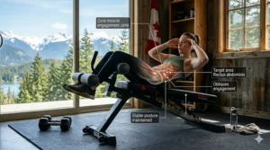 Graphic illustration demonstrating a decline crunch on a fitness bench, highlighting core muscle activation and proper form.