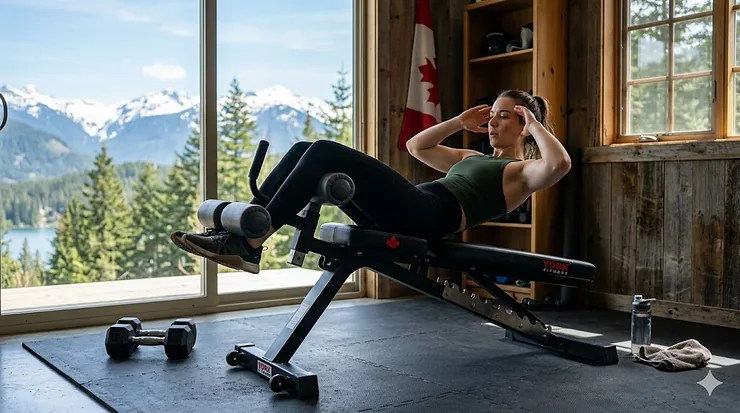 A premium adjustable decline bench for abs positioned in a bright Canadian home gym with natural light.