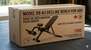 Retail packaging for a Canadian home gym decline bench for abs, including shipping weight and box dimensions for e-commerce delivery.