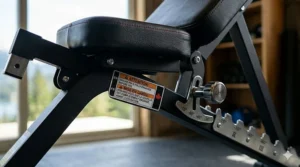 Close-up of the secure locking pin on a decline bench for abs, featuring bilingual English and French safety compliance labels.