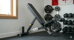 FID bench for home gym in decline position with secure leg rollers for decline bench press and sit-ups.