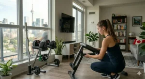 Detail view of the high-quality steel frame used in this compact home gym equipment.
