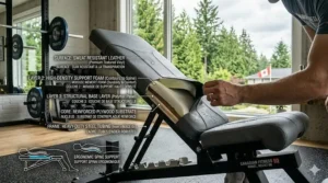 High-density ergonomic foam padding and sweat-resistant vinyl upholstery on a premium Canadian ab workout bench.
