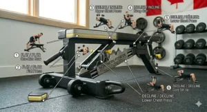 Infographic showing various exercises performed on an FID bench for home gym, including incline, flat, and decline movements.