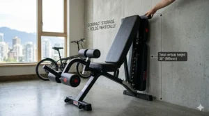 Space-saving foldable decline bench for abs folded flat for easy storage in a compact Canadian home gym or apartment.
