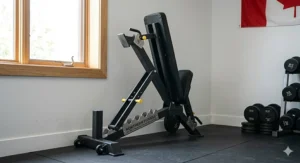 Space-saving foldable FID bench for home gym use, perfect for small Canadian apartments and condos.