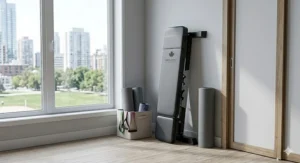 Compact flat to incline bench folded for storage, ideal for small Toronto or Vancouver condo living.