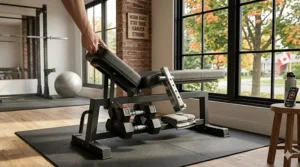 Illustration of a compact utility bench for dumbbells folded flat for easy storage in a small Toronto-style condo or apartment.