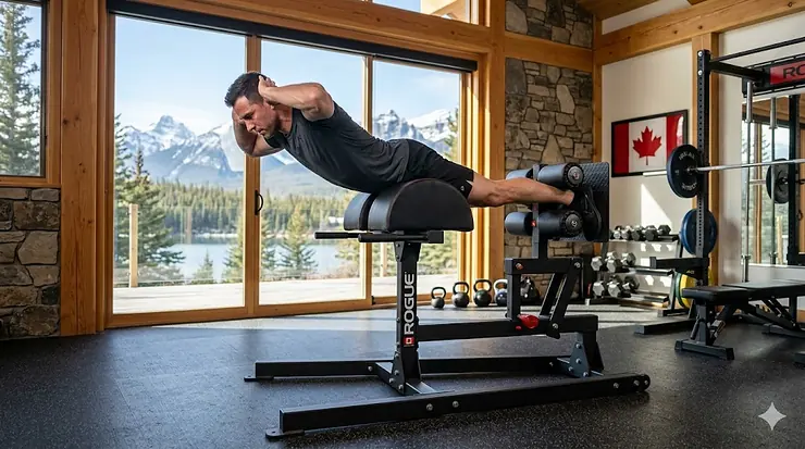 A person performing glute ham raises on a premium GHD machine in a modern Canadian home gym.