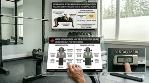 A bilingual English and French weight bench pad width guide (Guide de largeur de banc de musculation) showing standard dimensions.