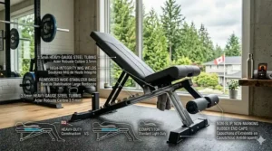 Heavy-duty steel frame construction of a stable core workout bench with non-slip rubber feet. / Banc de musculation robuste.