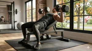Technical illustration showcasing the heavy-duty steel frame of a utility bench for dumbbells with a 600lb weight capacity.