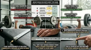 Step-by-step illustration showing where to place a measuring tape on a weight bench pad to determine width accurately.