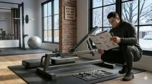 Illustration of a fitness enthusiast using a utility bench for dumbbells indoors while it snows outside, emphasizing year-round fitness in Canada.