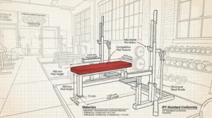 Illustration of the heavy-duty spotter platform and safety mechanisms on an IPF approved bench press built for heavy lifting.