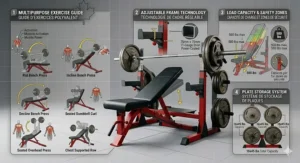 Graphic showing various exercises possible with a weight bench and barbell set, including bench presses, rows, and seated overhead presses. | Guide d'exercices avec banc de musculation et ensemble de haltères.