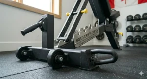 Illustration of a portable FID bench for home gym featuring built-in transport wheels and a lift handle for easy mobility.
