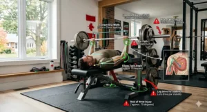 Educational illustration demonstrating proper bench press form using a barbell set and safety-focused weight bench to prevent injury during solo workouts.
