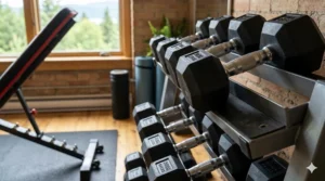Illustration of safety features including non-slip feet and secure locking pins for a stable weight bench and dumbbell set.