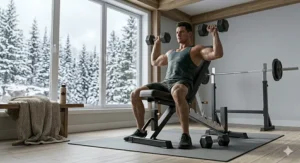 Illustration showing the bench set at a 90-degree angle for a seated overhead dumbbell press.