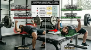Comparison of a lifter on a narrow pad versus a wide pad, highlighting the stability benefits of a wider weight bench pad.