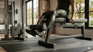 Descriptive graphic of a utility bench for dumbbells (banc de musculation) highlighting features in both English and French for Canadian consumers.