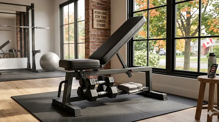 A versatile utility bench for dumbbells positioned in a modern Canadian home gym with mountain views through the window.