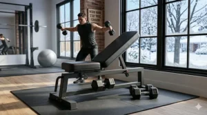 Illustration showing a utility bench for dumbbells equipped with a leg developer attachment for full-body Canadian home workouts.