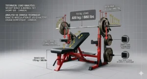 Technical diagram showing the maximum weight capacity and load distribution for a heavy-duty weight bench and barbell set, meeting Canadian home gym safety standards.