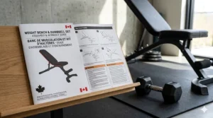 Icon representing bilingual English and French assembly instructions included with the weight bench and dumbbell set.