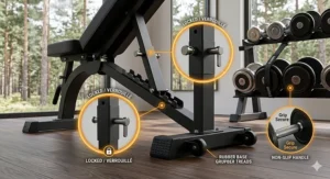 Diagram highlighting targeted muscle groups for upper body workouts using a weight bench and dumbbell set (banc de musculation et haltères).