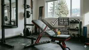 A bilingual English and French (EN/FR) safety warning icon indicating the maximum weight capacity for a flat bench.