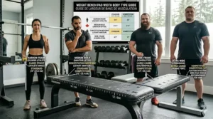 A guide choosing bench pad width based on shoulder breadth, ranging from narrow to wide-frame athletes.