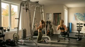 Demonstrating the adjustable height settings of the cable attachment for varied workout routines.