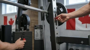 Close-up of weight adjustment options on a smith machine.