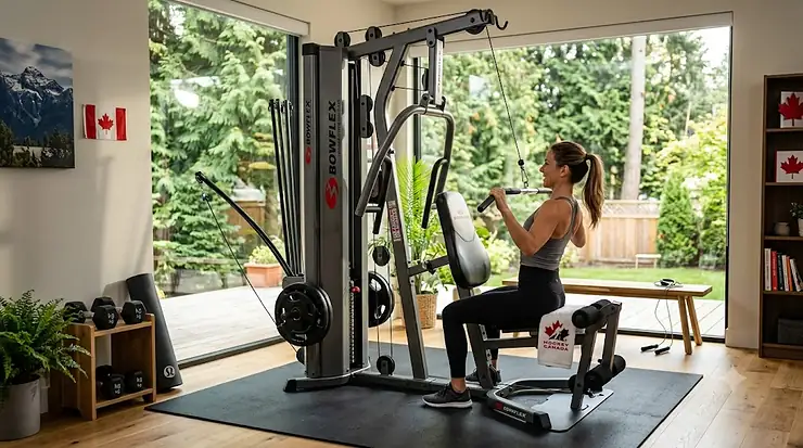 Compact all-in-one home gym machine set up in a modern Canadian home living space.