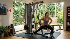 Person warming up next to their all-in-one home gym machine at home.