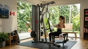 User performing a full-body workout on an all-in-one home gym machine.
