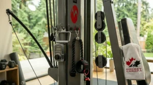 Organized accessory storage hooks on the all-in-one home gym machine.